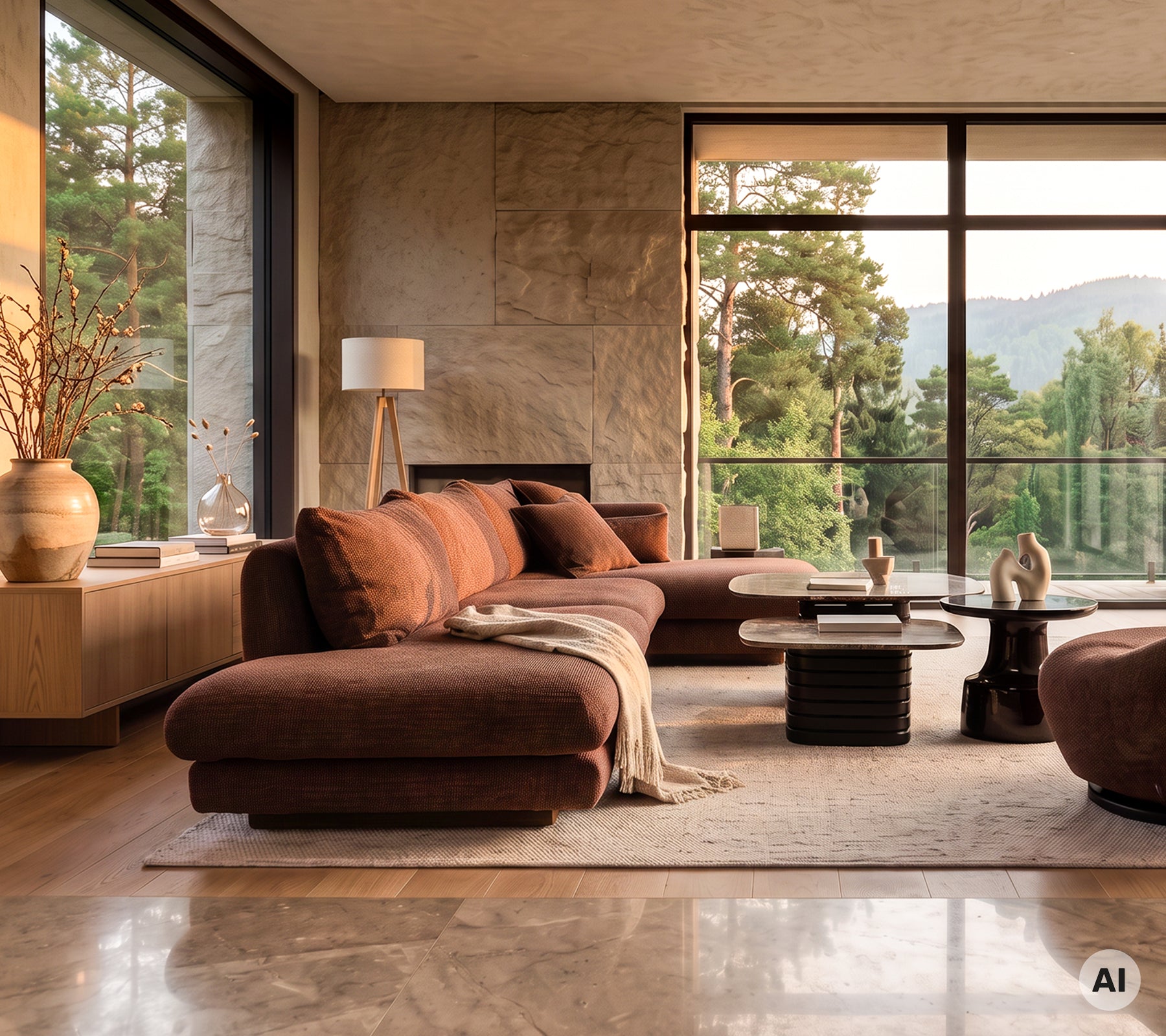 Modern lounge featuring a brown sofa and a stylish coffee table.