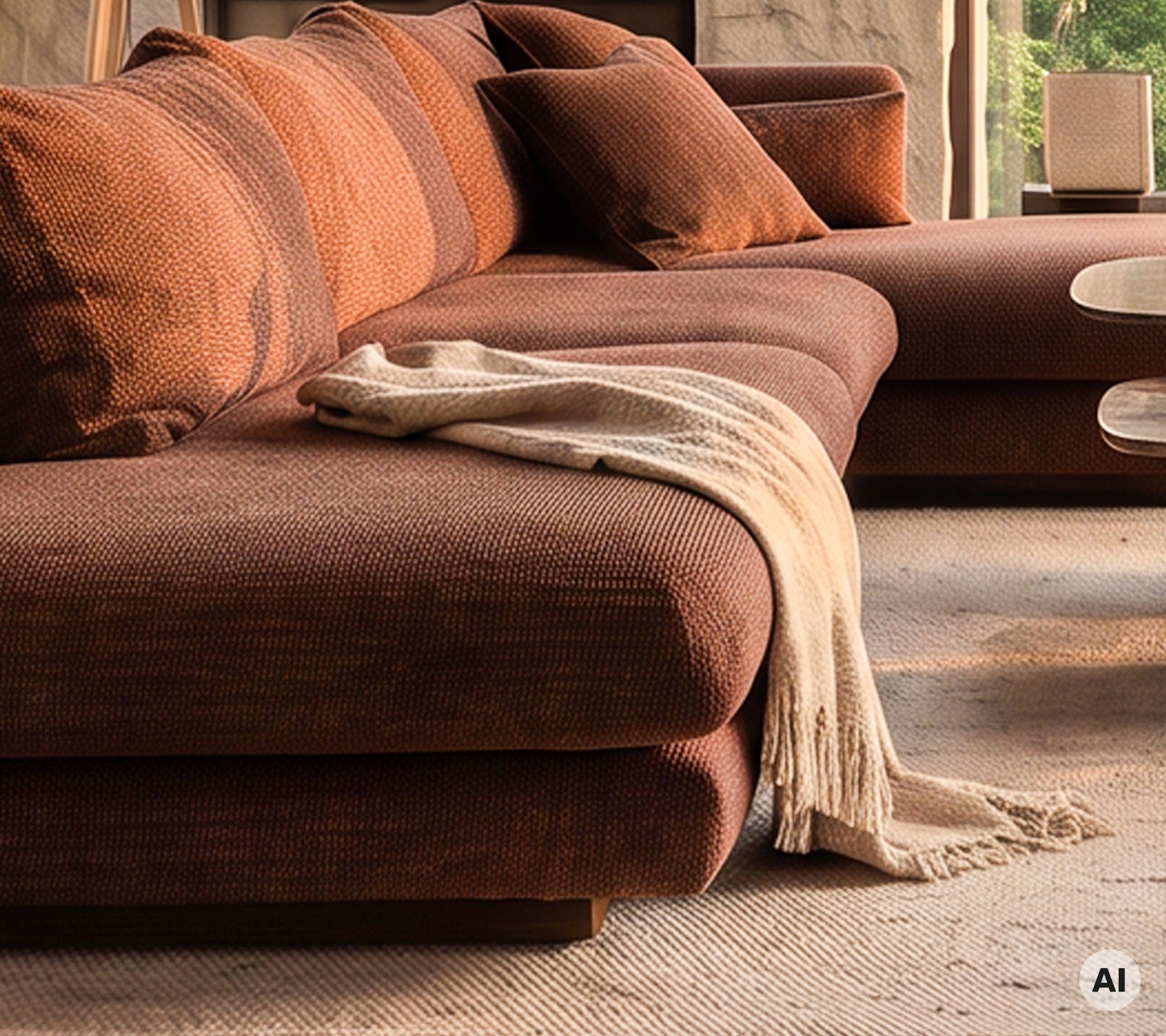 Modern brown sofa with cushions and a blanket in a cozy lounge setting.