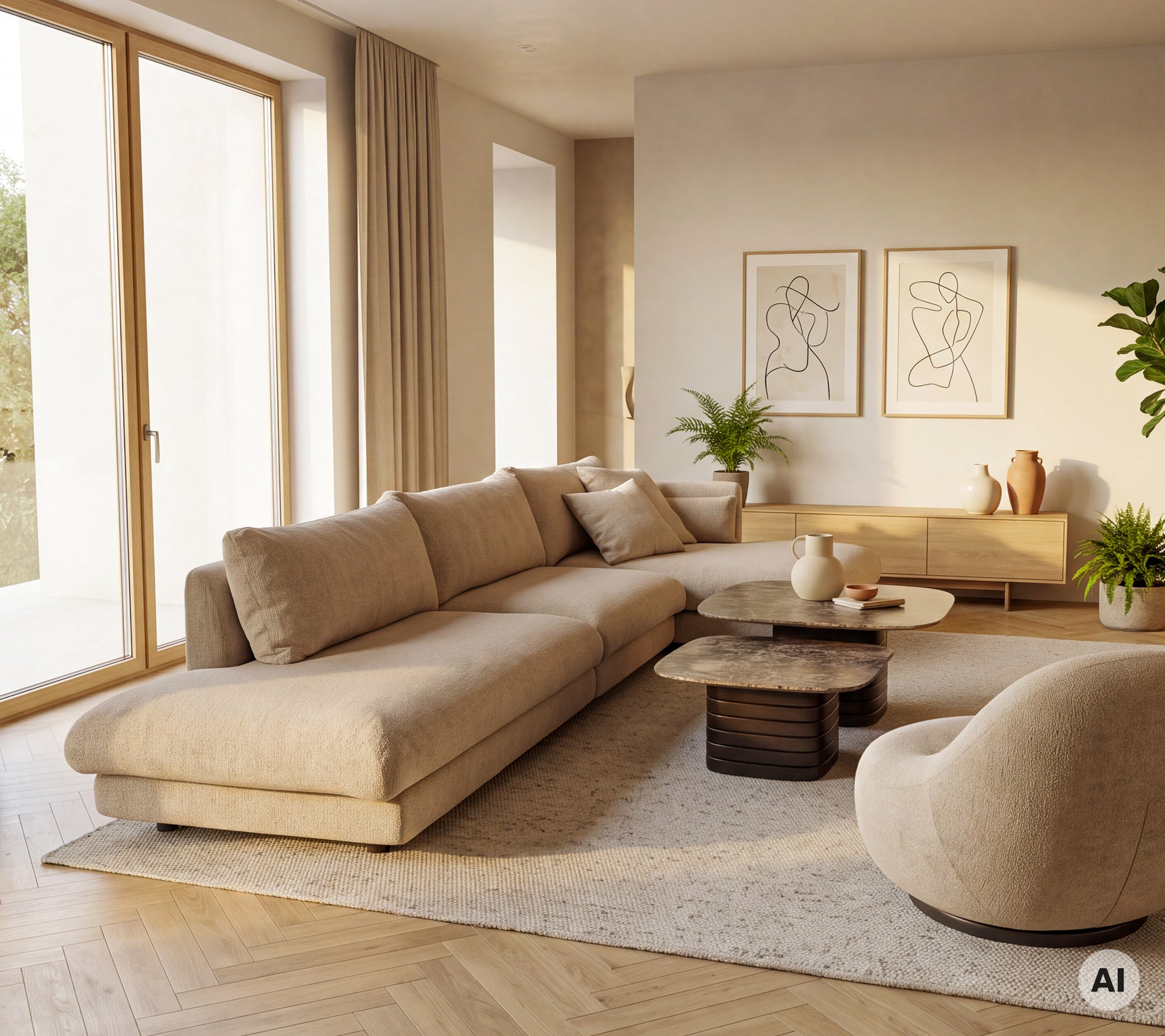 Beige sofa and armchair with a round coffee table in a modern lounge setting.