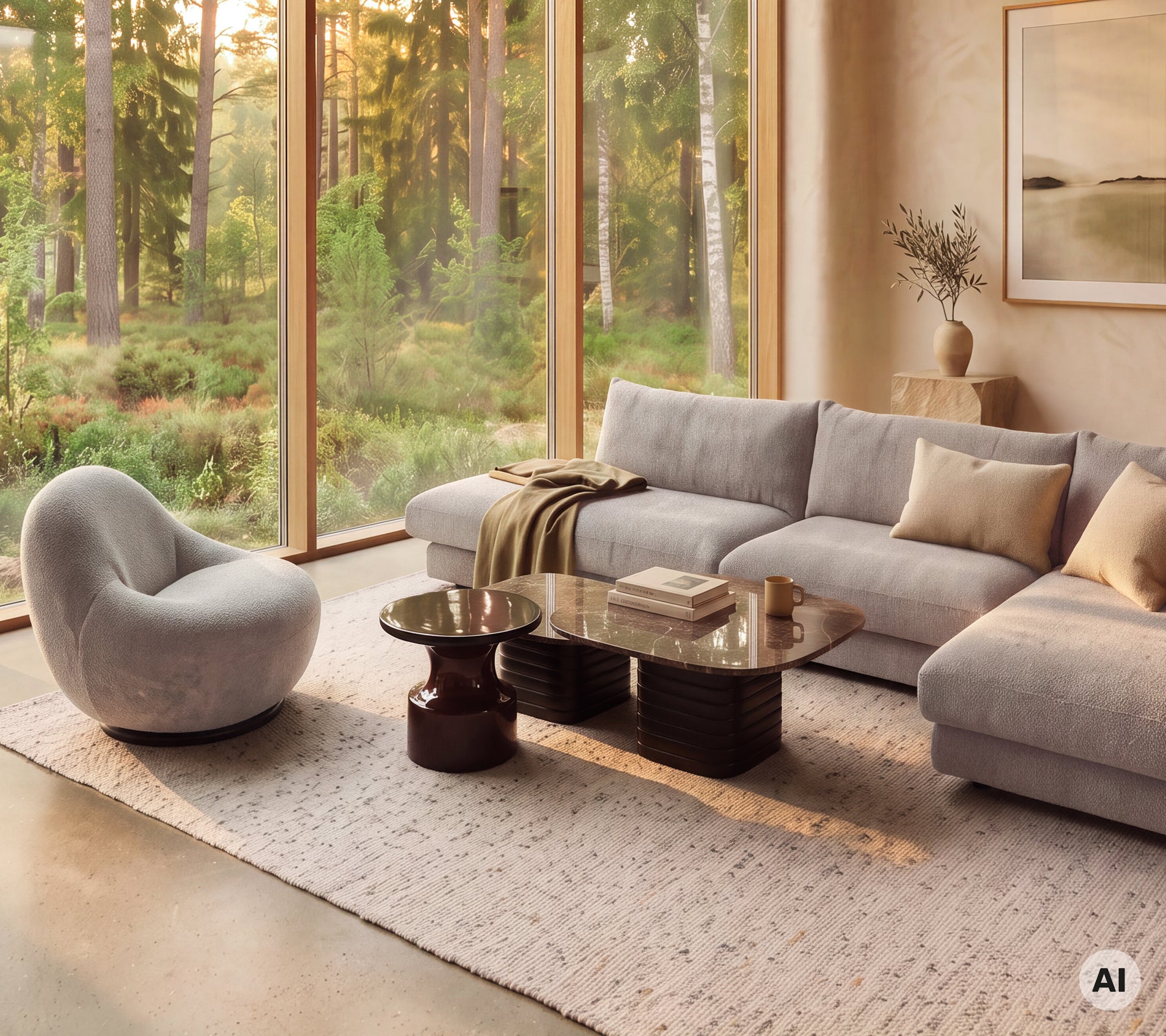 Modern lounge area featuring a grey sofa, beige cushions, a round coffee table, and a curved chair.