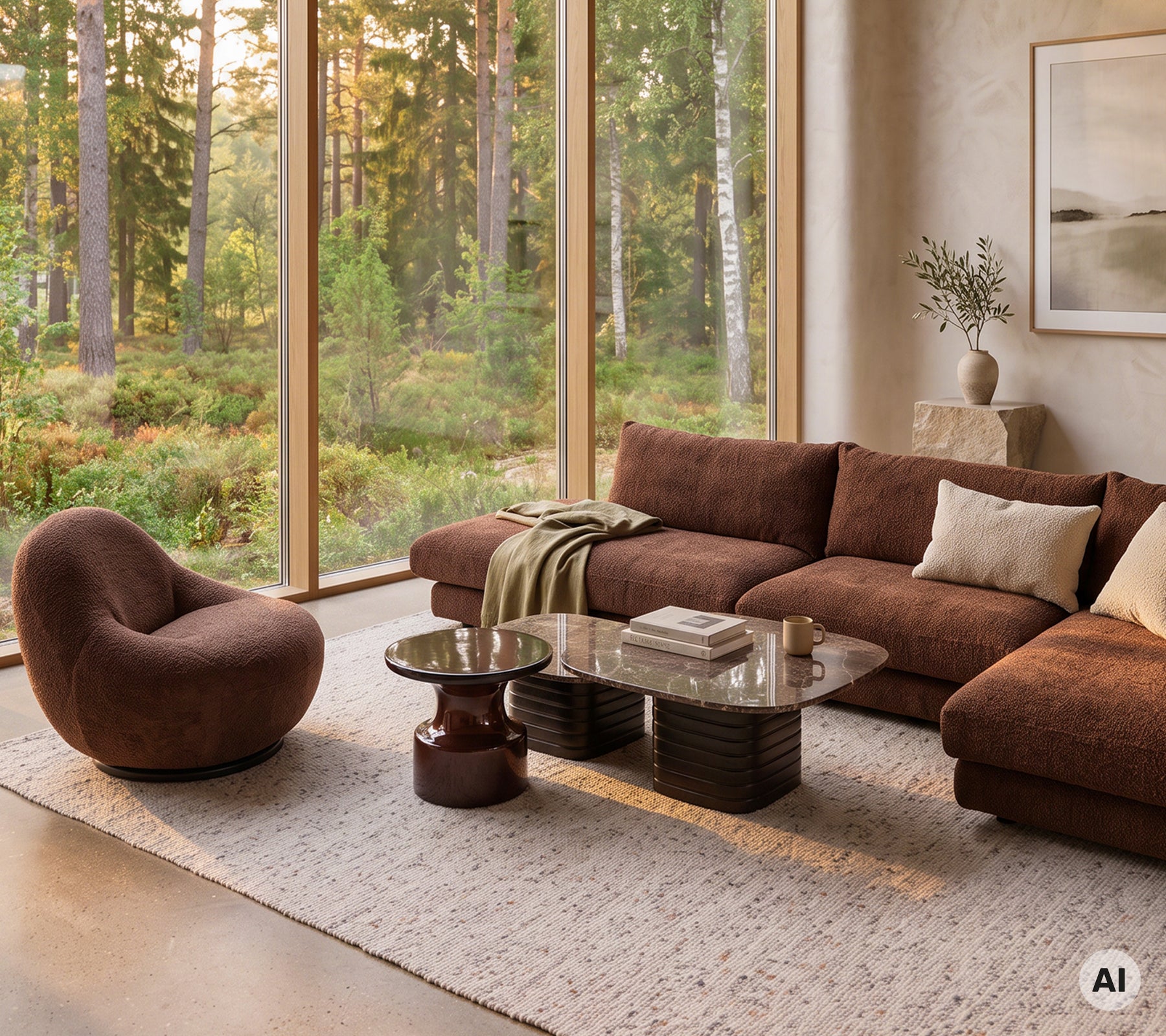Modern lounge featuring a brown sofa, a brown chair, and a glass coffee table.
