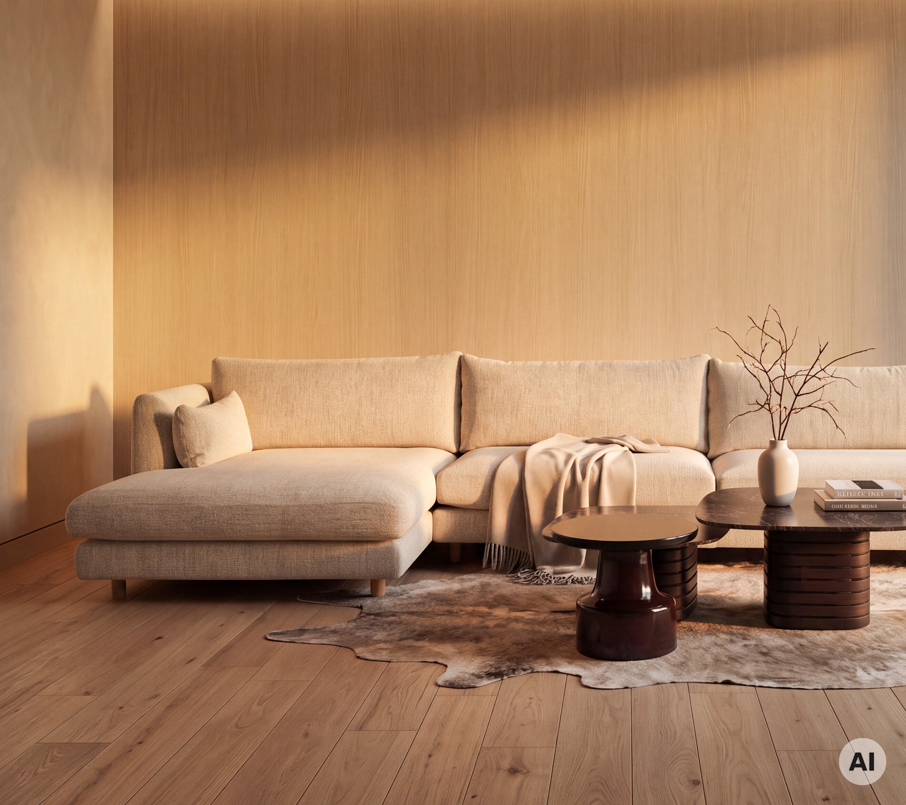 Modern lounge featuring a light-colored sofa module and a round wooden coffee table.