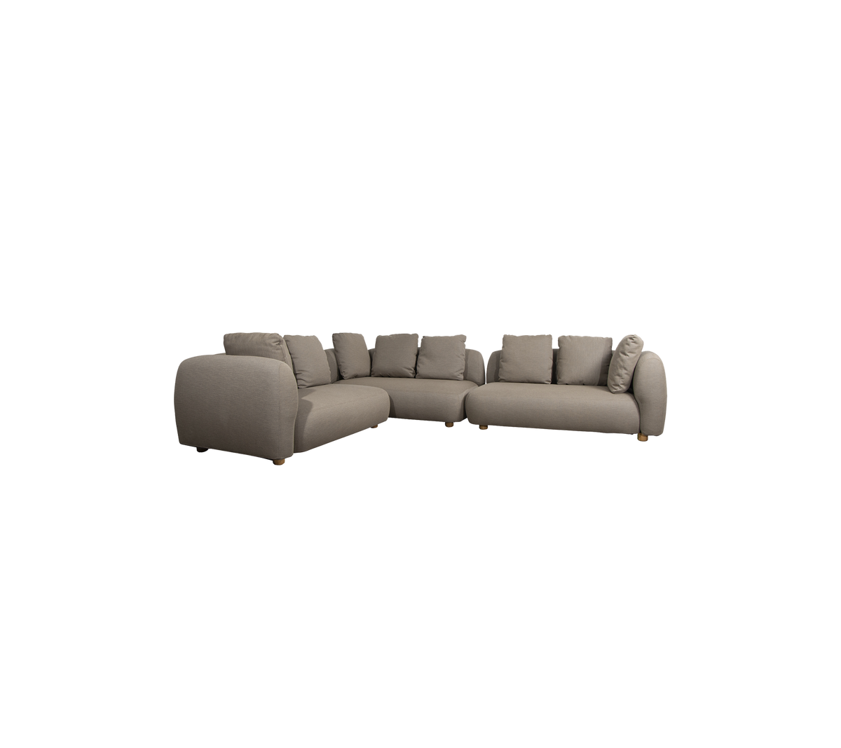 A modern sectional sofa in a muted gray fabric with plush cushions and wooden legs, designed for comfort and style.