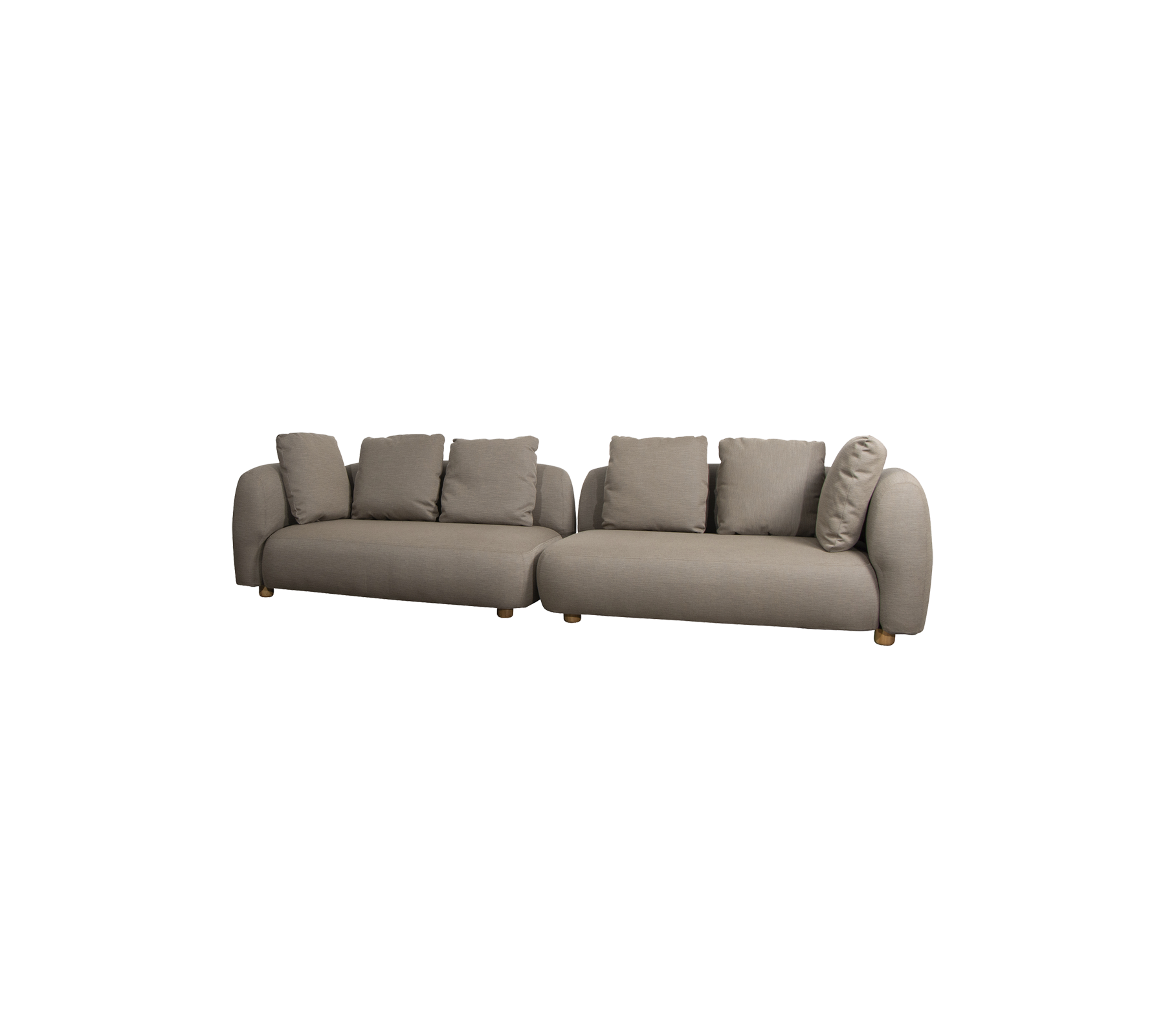 Modern, L-shaped sofa in a neutral tone, featuring plush cushions and rounded armrests, ideal for comfortable seating.