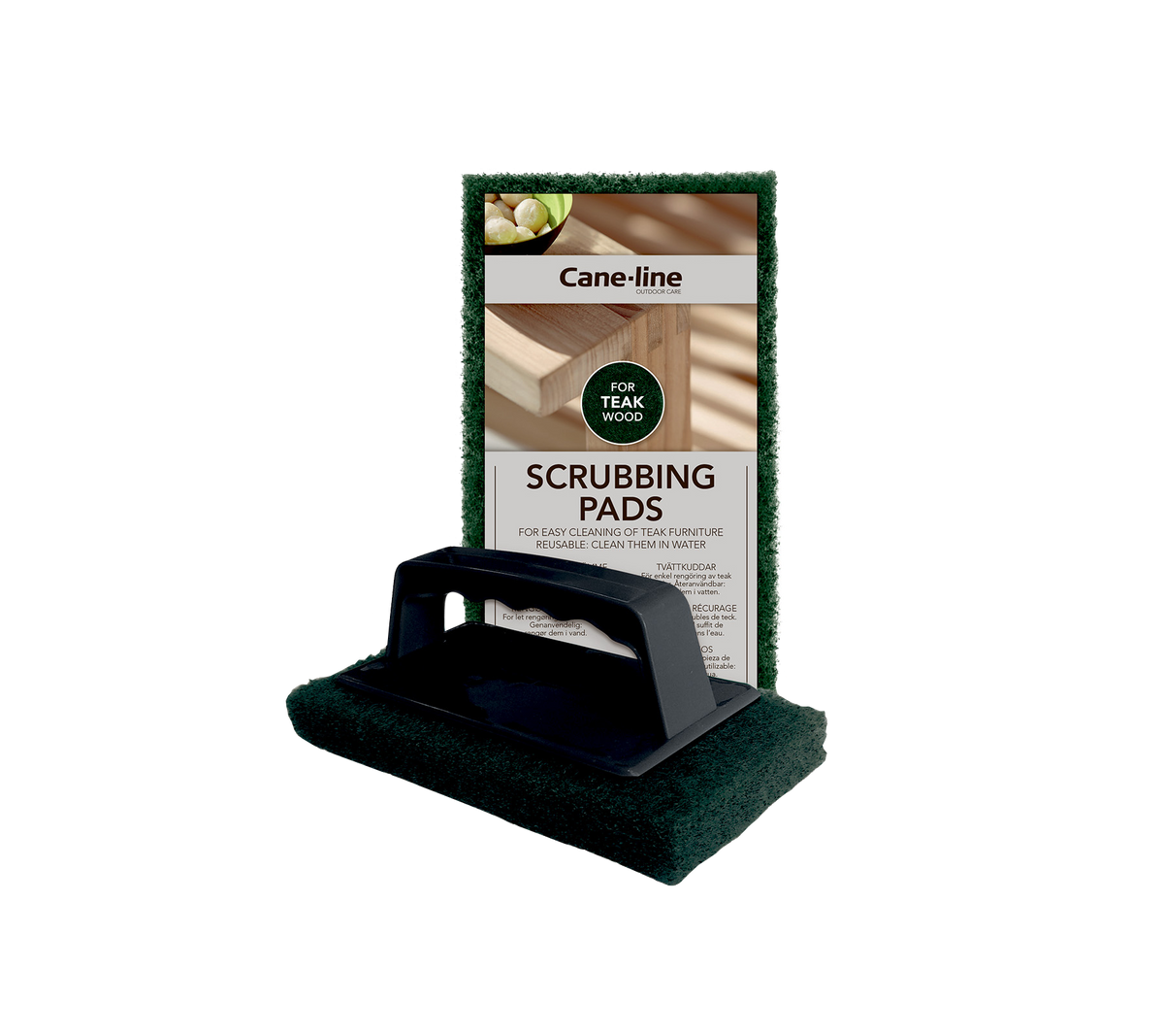Scrubbing pads with a handle, designed for effective cleaning. Includes packaging featuring the product name. Ideal for various cleaning tasks.