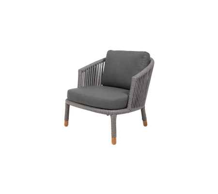 Stylish armchair with a woven design and soft gray cushion, featuring wooden legs for a modern touch.