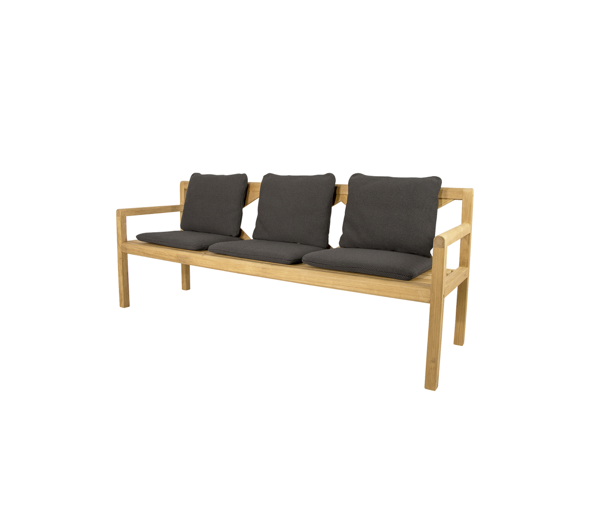 Three-seat bench with a light wooden frame and dark cushioned seats, designed for comfort and style.