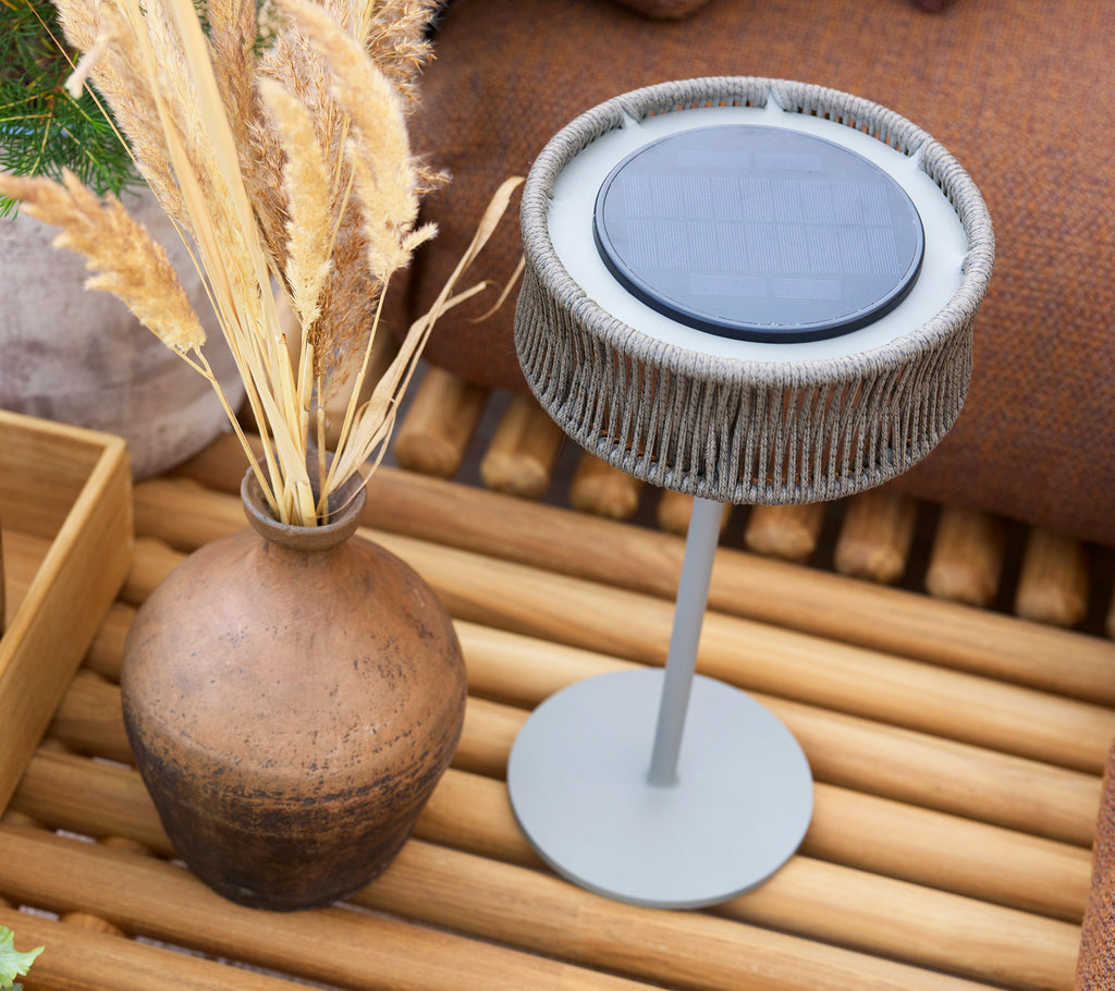 Stylish illusion lamp with led light atop a slender stand, accompanied by a decorative vase and dried plants on a wooden surface.