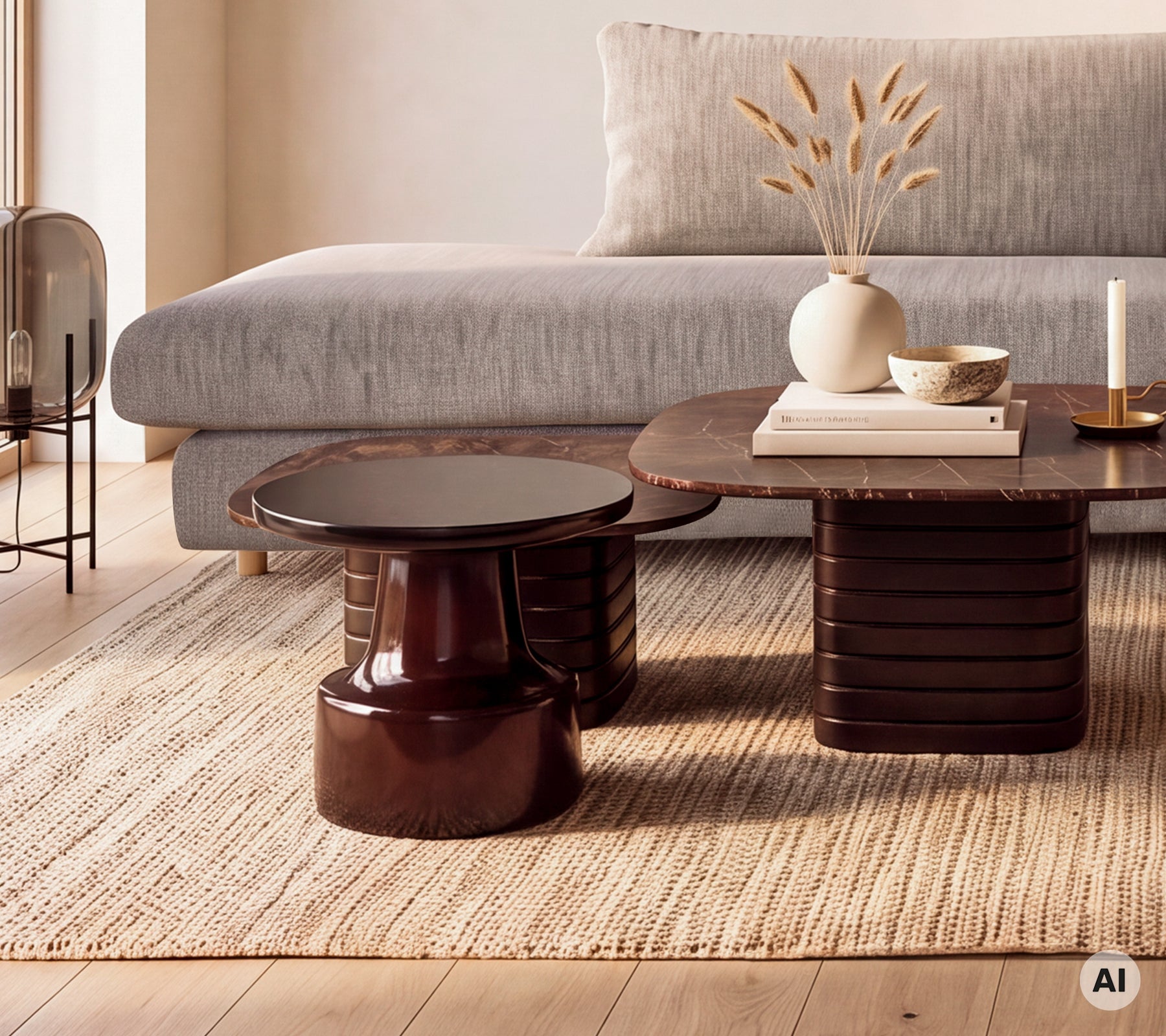 Grey sofa with brown coffee table and black side table in a modern lounge setting.