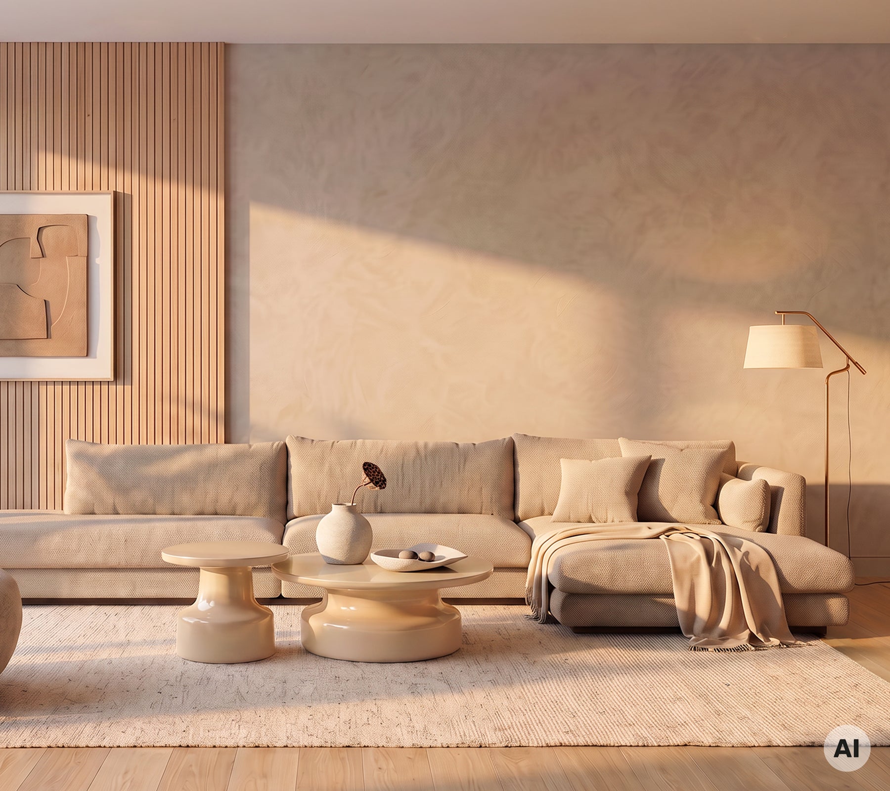 Modern minimalist lounge with a beige sofa module and round coffee table.