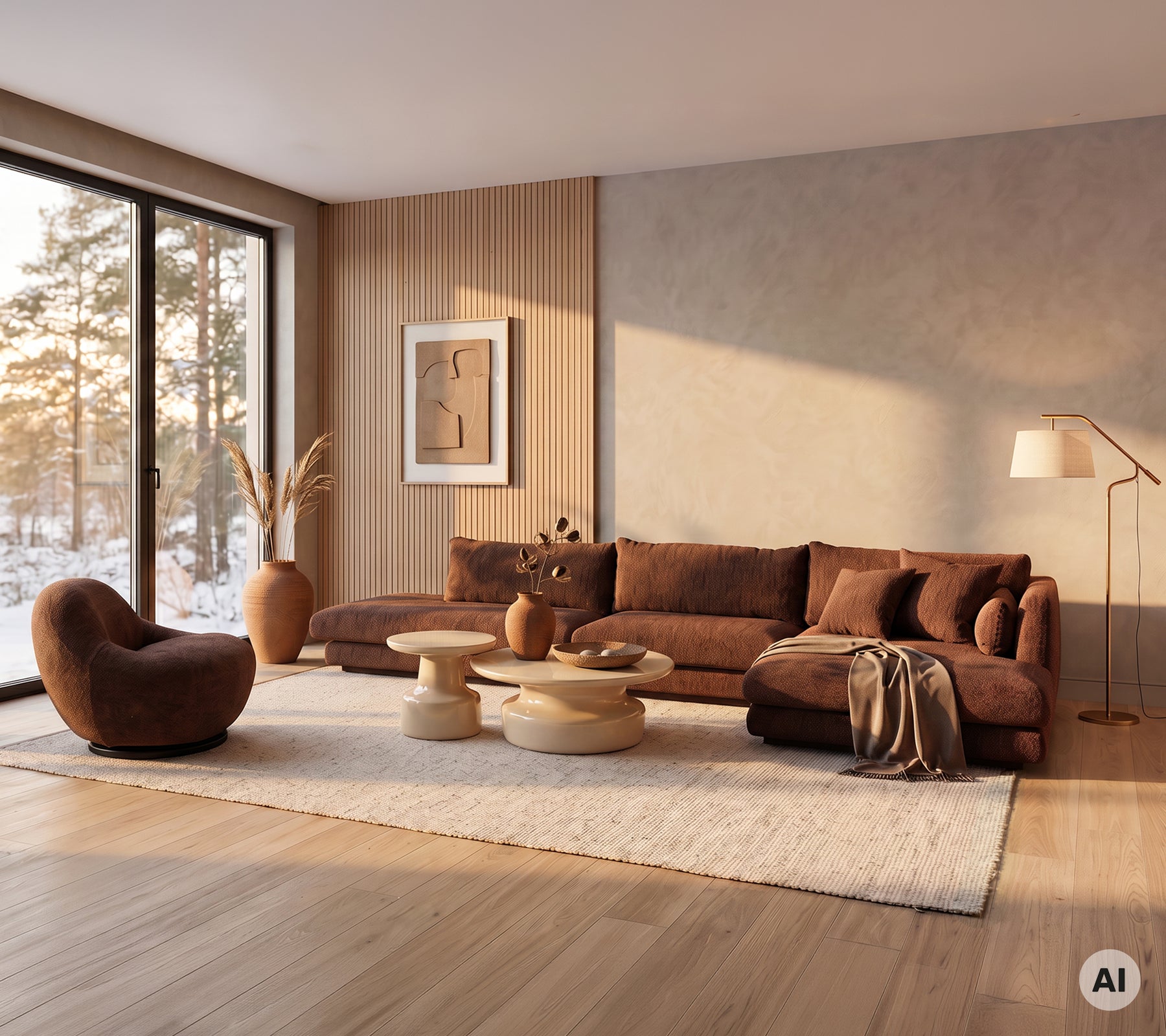 Brown sofa and armchair with light wooden table in a modern lounge setting.