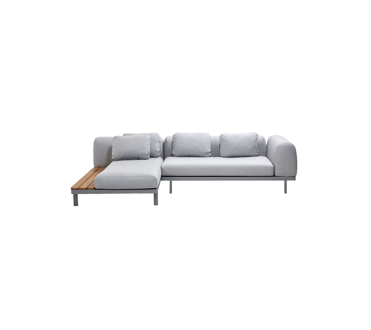Light grey sectional sofa with plush cushions and a wooden armrest on one side, offering modern and comfortable seating.