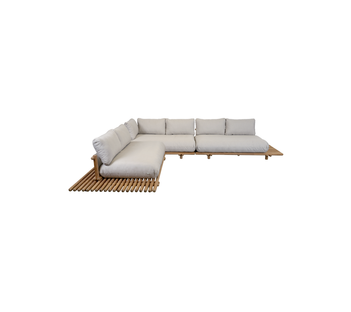 L-shaped sectional sofa with plush cushions and a wooden slatted base, designed for comfort and style.