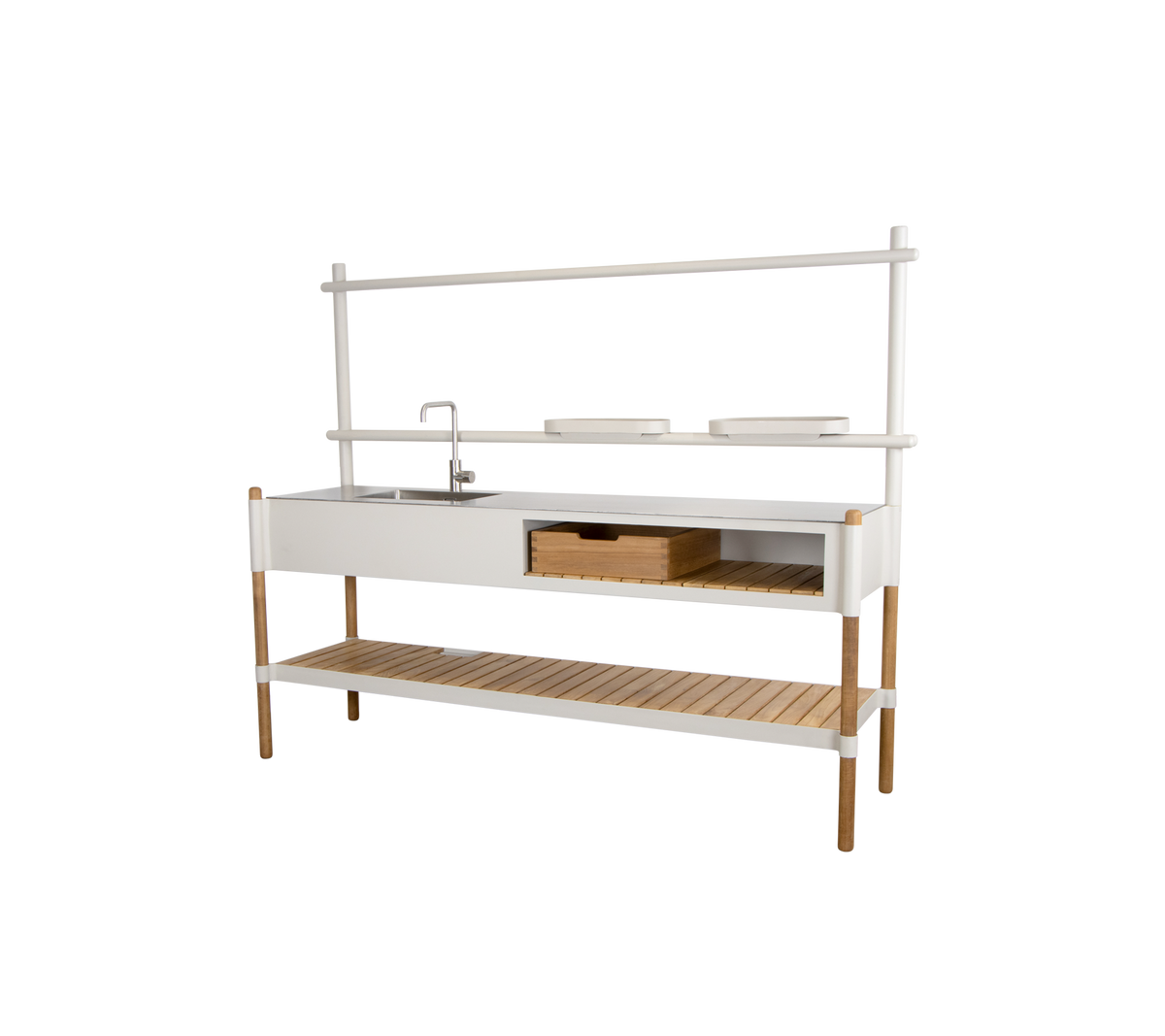 Stylish kitchen unit featuring a sink, storage drawer, and an open shelf, crafted with a combination of white and natural wood finishes.